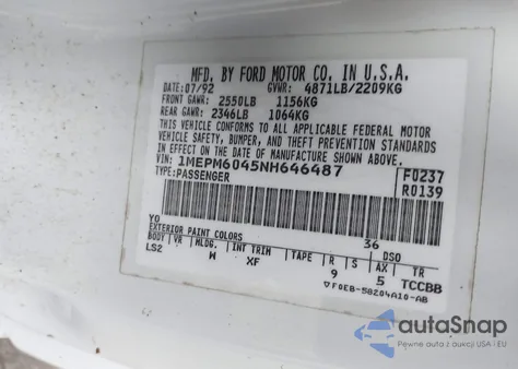 1992 Mercury Cougar Ls из США, поврежденный, VIN 1MEPM6045NH646487